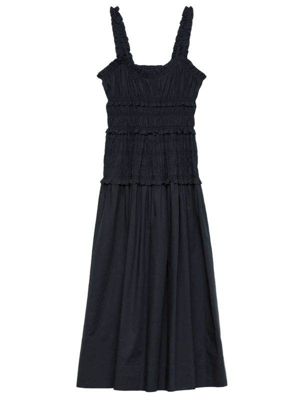 Stylish Marianne Dress in Black by Dôen showcasing a square neckline and gathered bust.