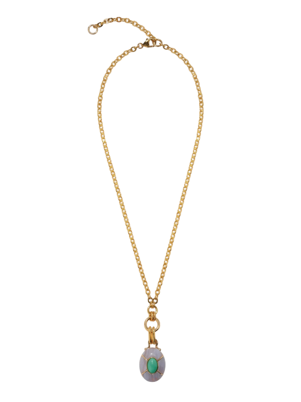 Yucca Pendant Necklace in Gold featuring a gold-plated mosaic pendant with blue lace agate and chrysoprase stones.
