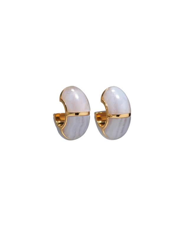 Zellige Hoops in Blue Lace by Lizzie Fortunato showcasing marbled blue lace agate stone inlay and gold-plated brass design.