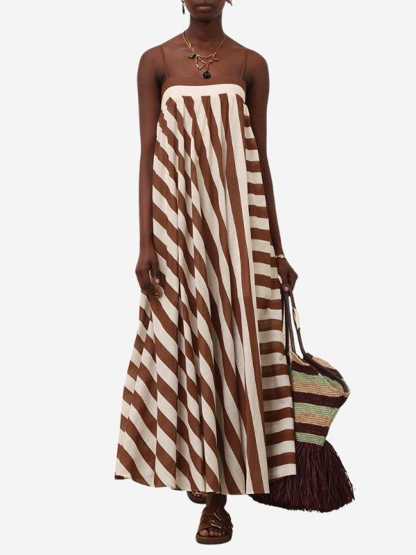 Side view of the Daylight Stripe Maxi Dress in Choc/Cream Stripe, highlighting the contrasting stripes and flowy design.