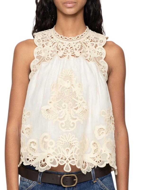 Medina Tank in Cream featuring intricate lace design and vintage-inspired floral patterns.
