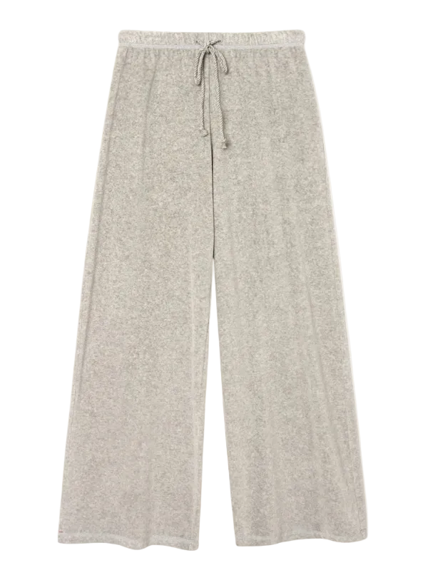 Manon Velour Pant in Heather Grey showing the relaxed wide-leg design and plush texture.