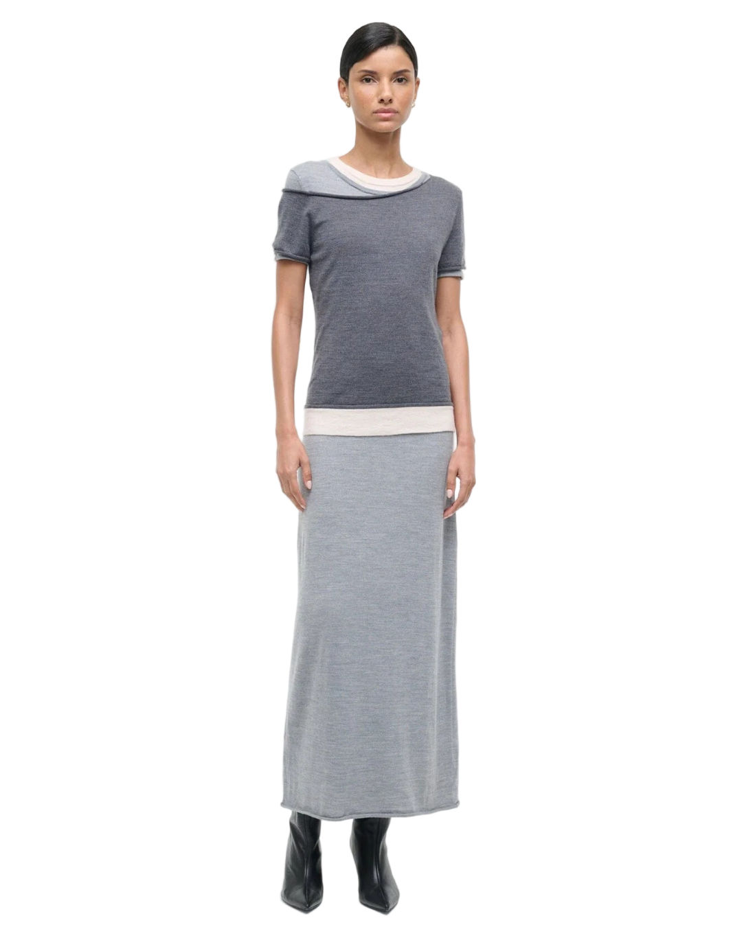 Staud Lyric Dress in Heather Grey Multi showcasing its stylish mixed media design with asymmetric details.