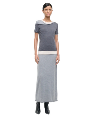 Staud Lyric Dress in Heather Grey Multi showcasing its stylish mixed media design with asymmetric details.