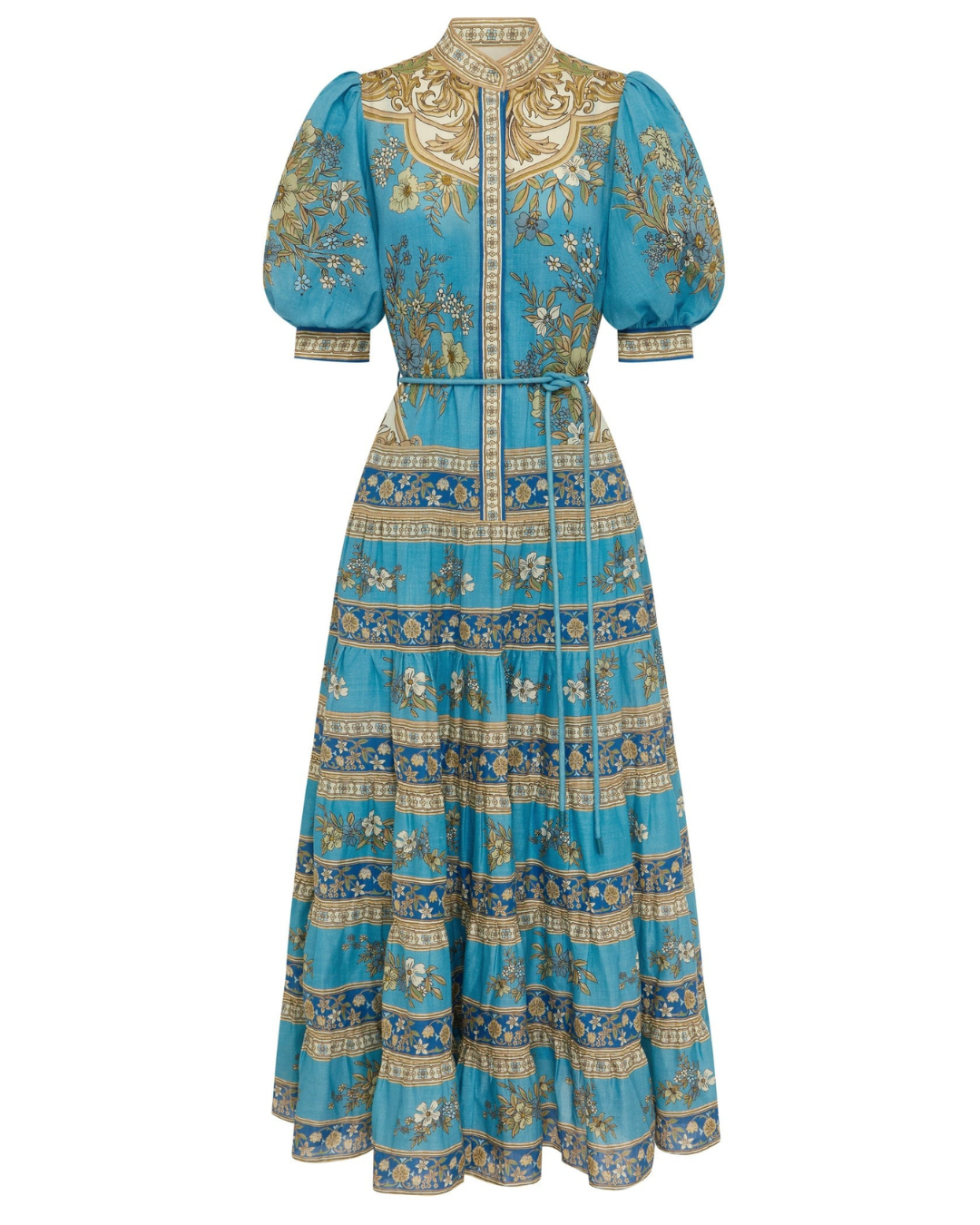 Front view of Cassie Tiered Midi Dress in Blue, featuring puff sleeves and a round neck collar, perfect for casual wear.