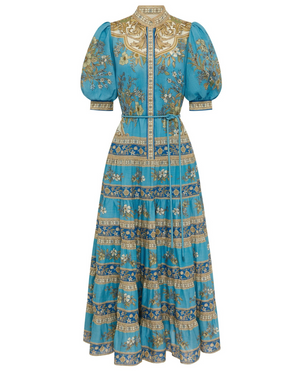 Front view of Cassie Tiered Midi Dress in Blue, featuring puff sleeves and a round neck collar, perfect for casual wear.