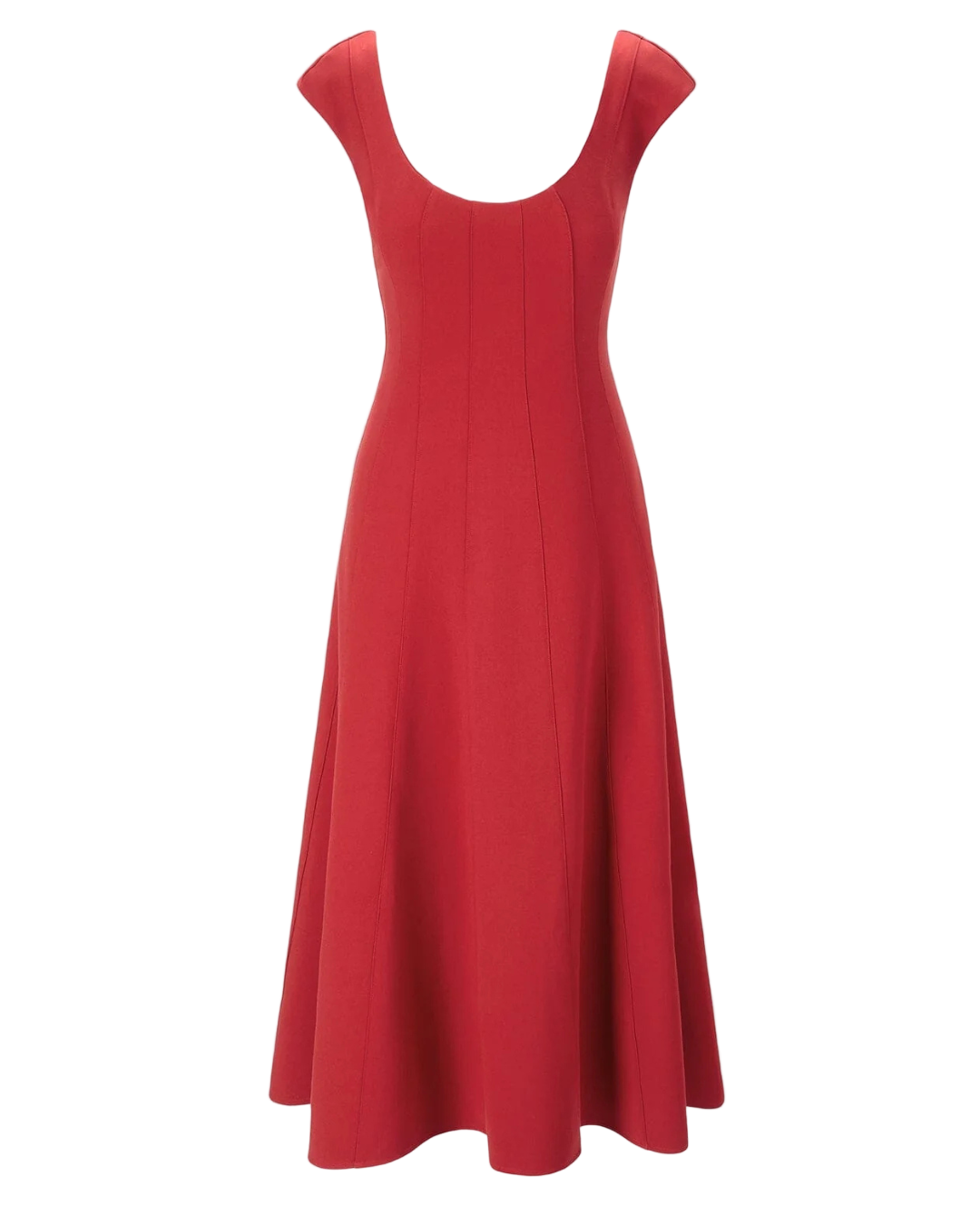 Charlotte Dress in Rouge with a flattering scoop neck and corset seams, showcasing its flowy A-line skirt.