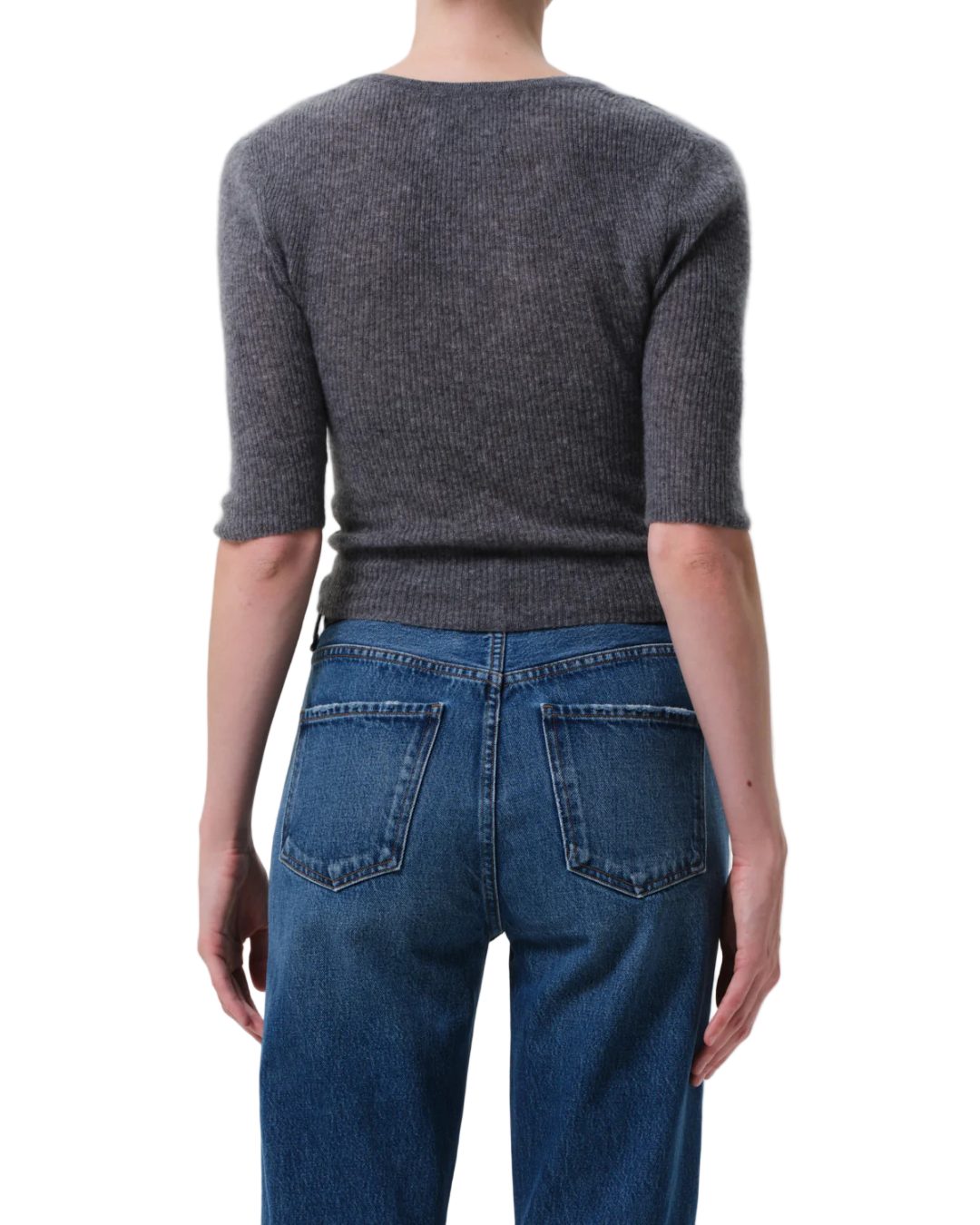 Tabitha Cardigan in Charcoal Heather styled on a model, featuring a modern and fitted silhouette perfect for layering.