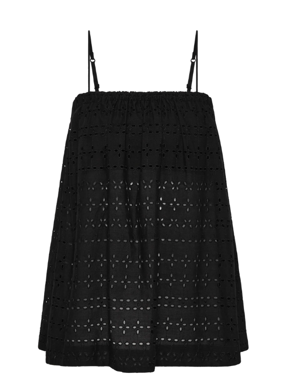 Navia Top Agnes Broderie Anglaise in Black by FaithFull, showcasing the relaxed fit and adjustable straps in a stylish flat lay arrangement.
