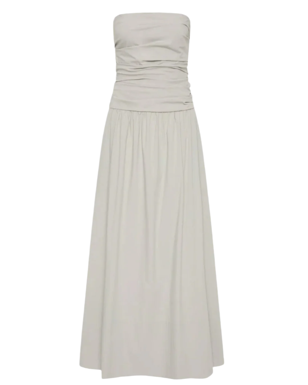 Gathered Strapless Tie Back Dress in Silver featuring a maxi-length silhouette and A-line skirt, perfect for elegant occasions. Strapless tie back dress by St. Agni.