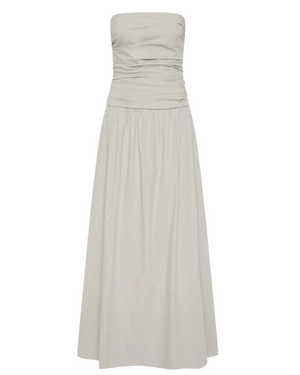 Gathered Strapless Tie Back Dress in Silver featuring a maxi-length silhouette and A-line skirt, perfect for elegant occasions. Strapless tie back dress by St. Agni.