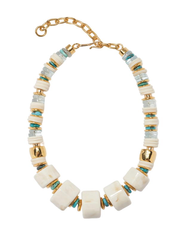 Close-up view of Granada Necklace in Blanco by Lizzie Fortunato, showcasing its vibrant turquoise heshi and recycled bone beads.