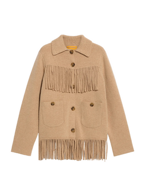 Western Fringe Jacket in Dune by Guest in Residence showcasing intricate fringe design and front patch pockets.