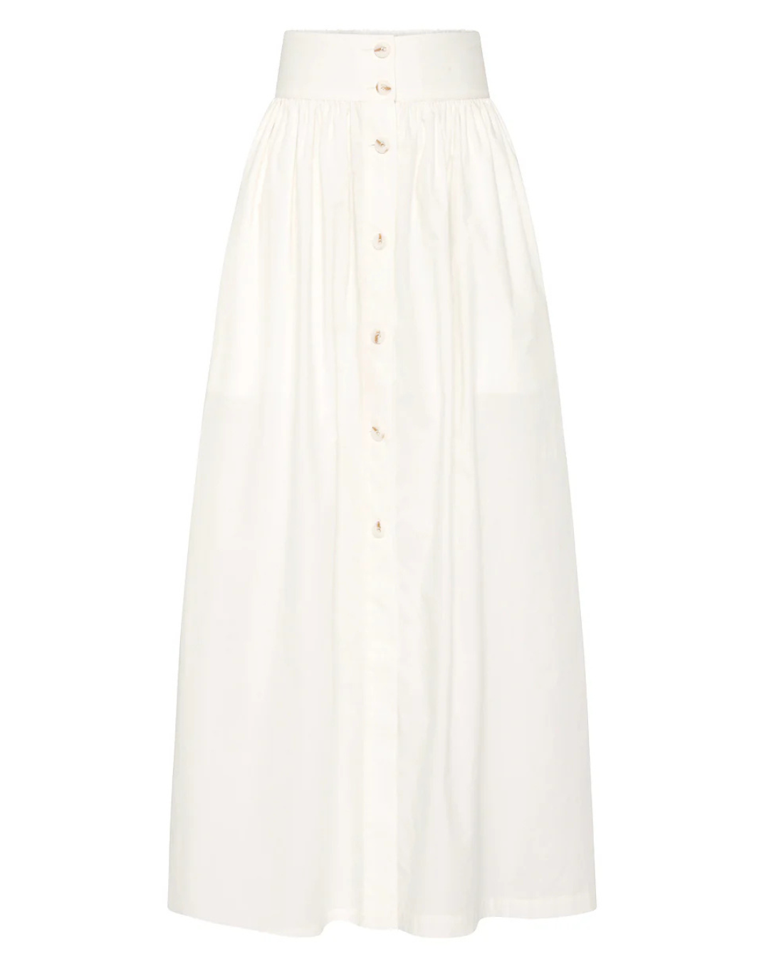 Oscar Skirt in Cream - a stylish cream midi skirt featuring gathered detailing and button fastenings.