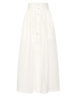 Oscar Skirt in Cream - a stylish cream midi skirt featuring gathered detailing and button fastenings.