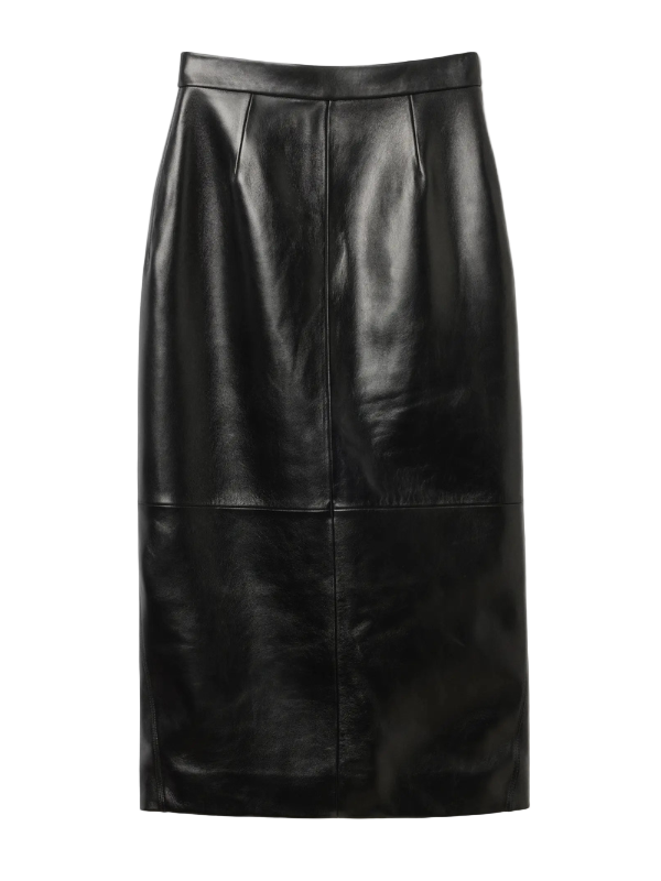 House of Dagmar Leather Midi Skirt in Black showcasing soft lambskin texture and stylish pencil silhouette.