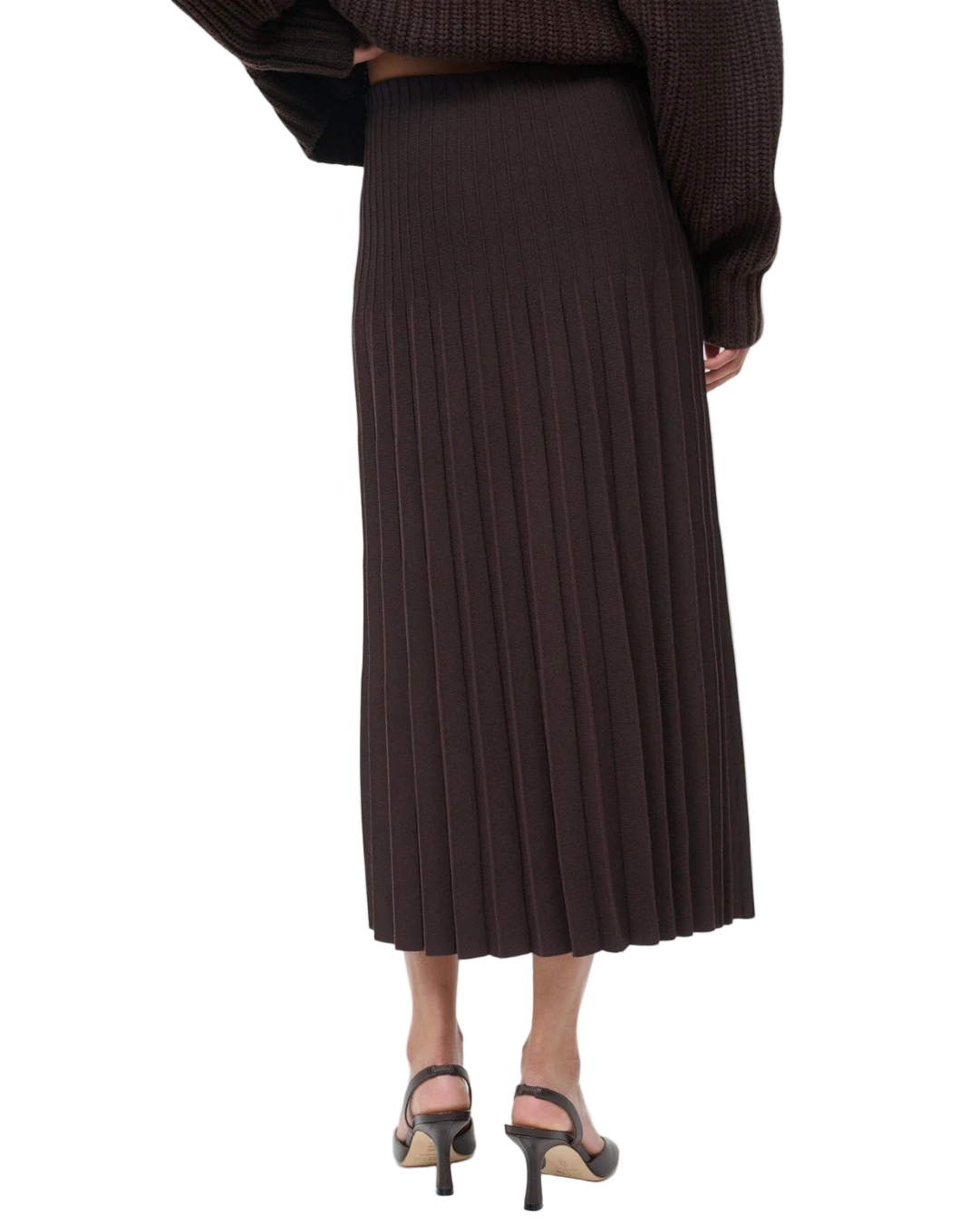 Back view of the Lena Skirt in Earth by Staud, highlighting its flattering midi length and stylish design.
