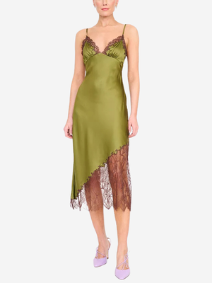 staud silk dress STAUD, Lara in Pear, Size 4 Model Holly The Aureline | Champagne finished with an asymmetrical Color:Ivory/Black*