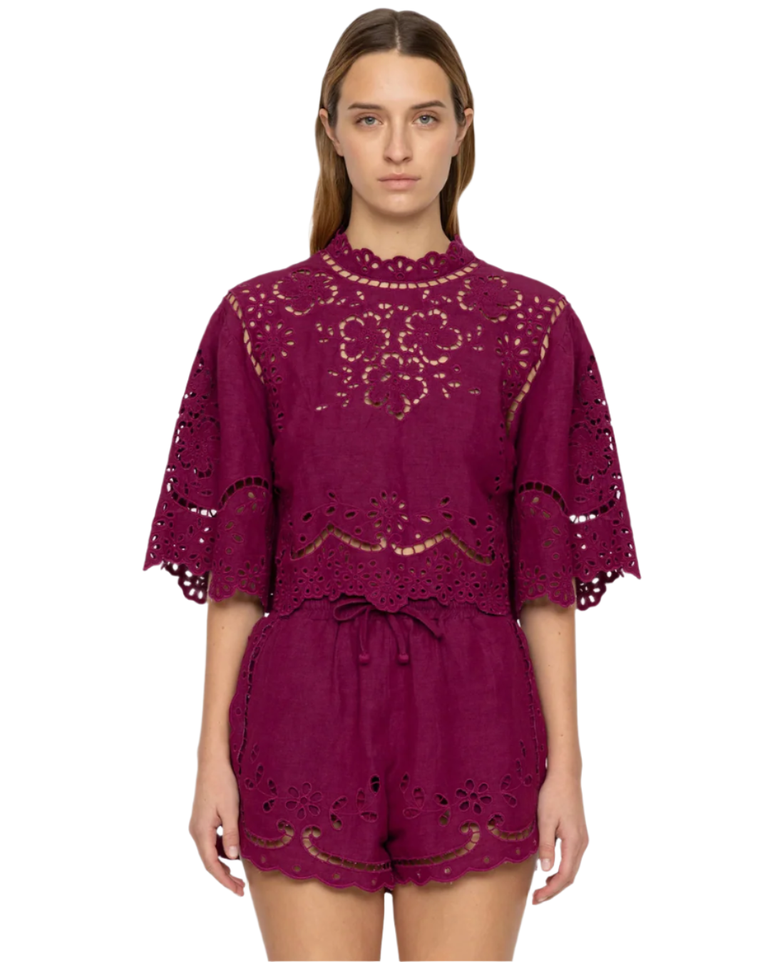 Lula Embroidery Top in Jam featuring intricate embroidered eyelet detailing throughout, showcasing its stylish high neck and short flowy sleeves, perfect for a fashionable look.