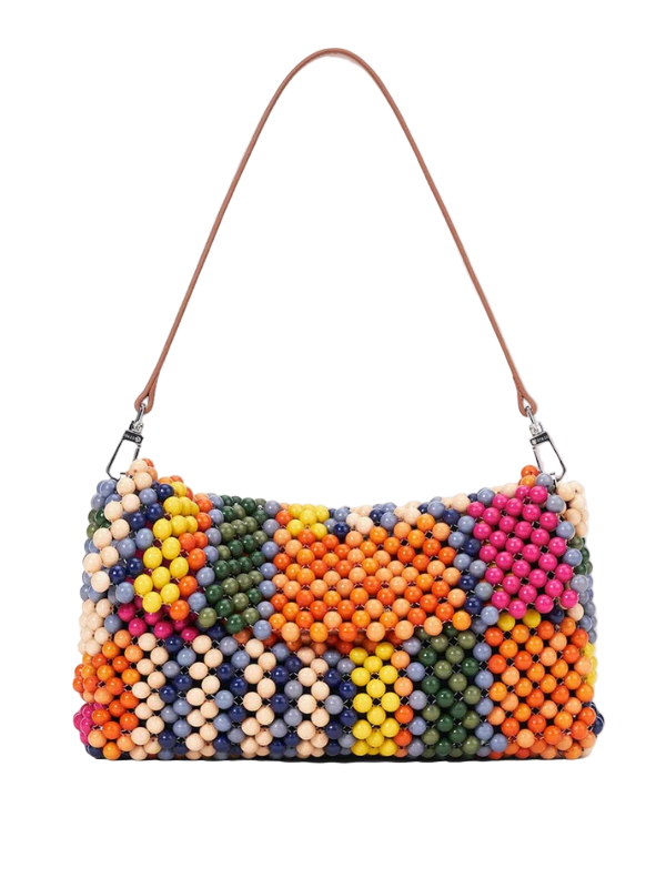Staud Timmy Shoulder Bag in Multi Bayadere Stripe showcasing its soft beaded design and detachable handle.
