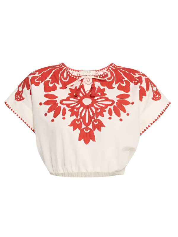 Lilana Applique Top in Red showcasing the V-neckline and self-ties design by SEA.