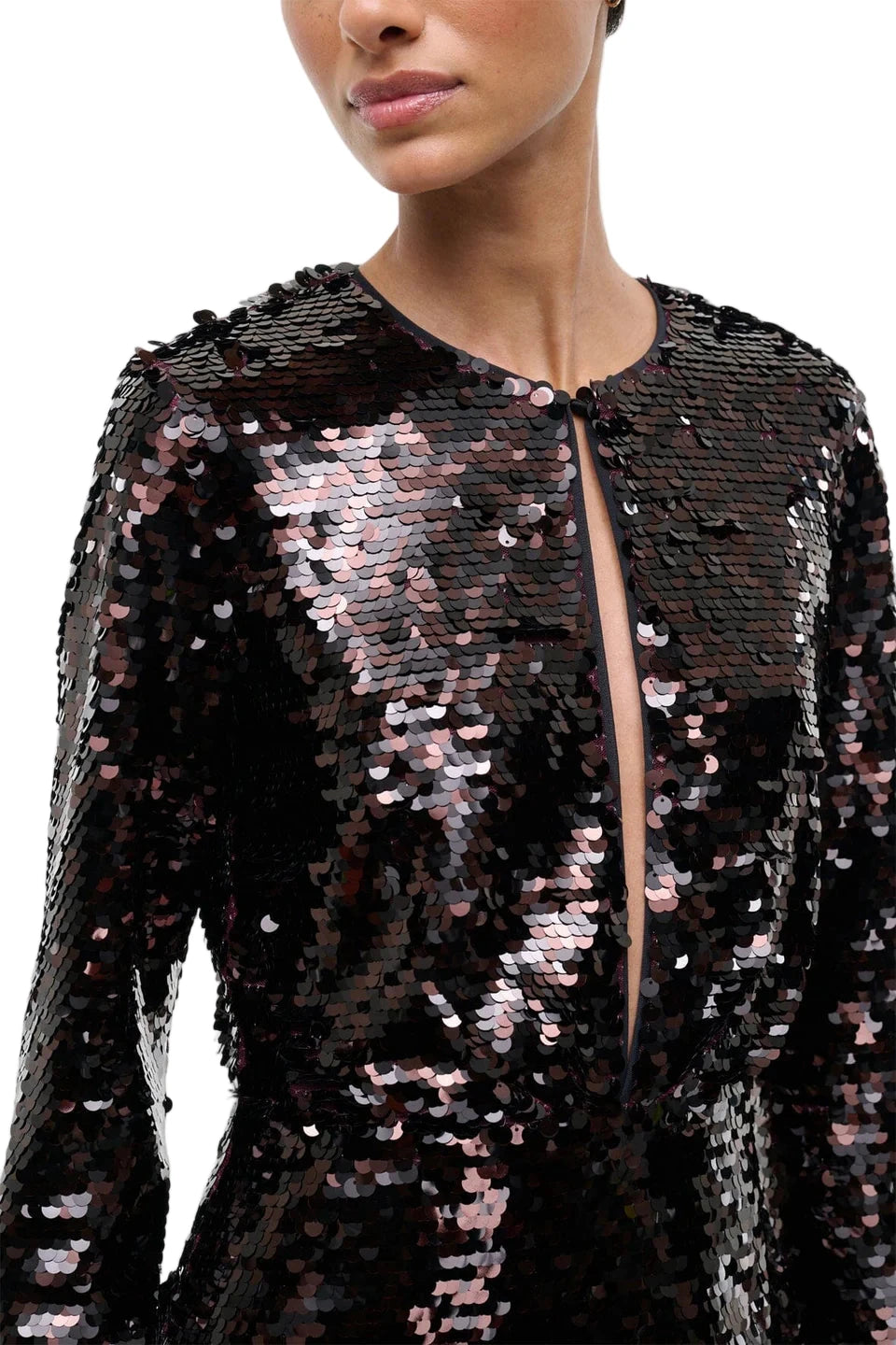 Model wearing the Fifi Dress in Espresso/Black from Staud, demonstrating its chic fit and sequin shine.