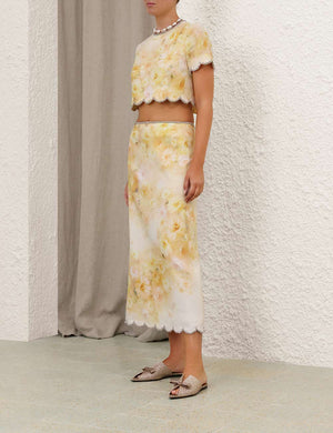 Crush Scalloped Midi Skirt in Yellow Floral