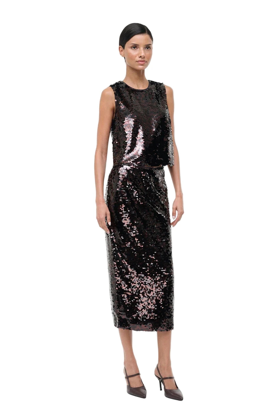 Festive look featuring the Staud Seraphina Tank in Espresso/Black paired with the Ciara Skirt.