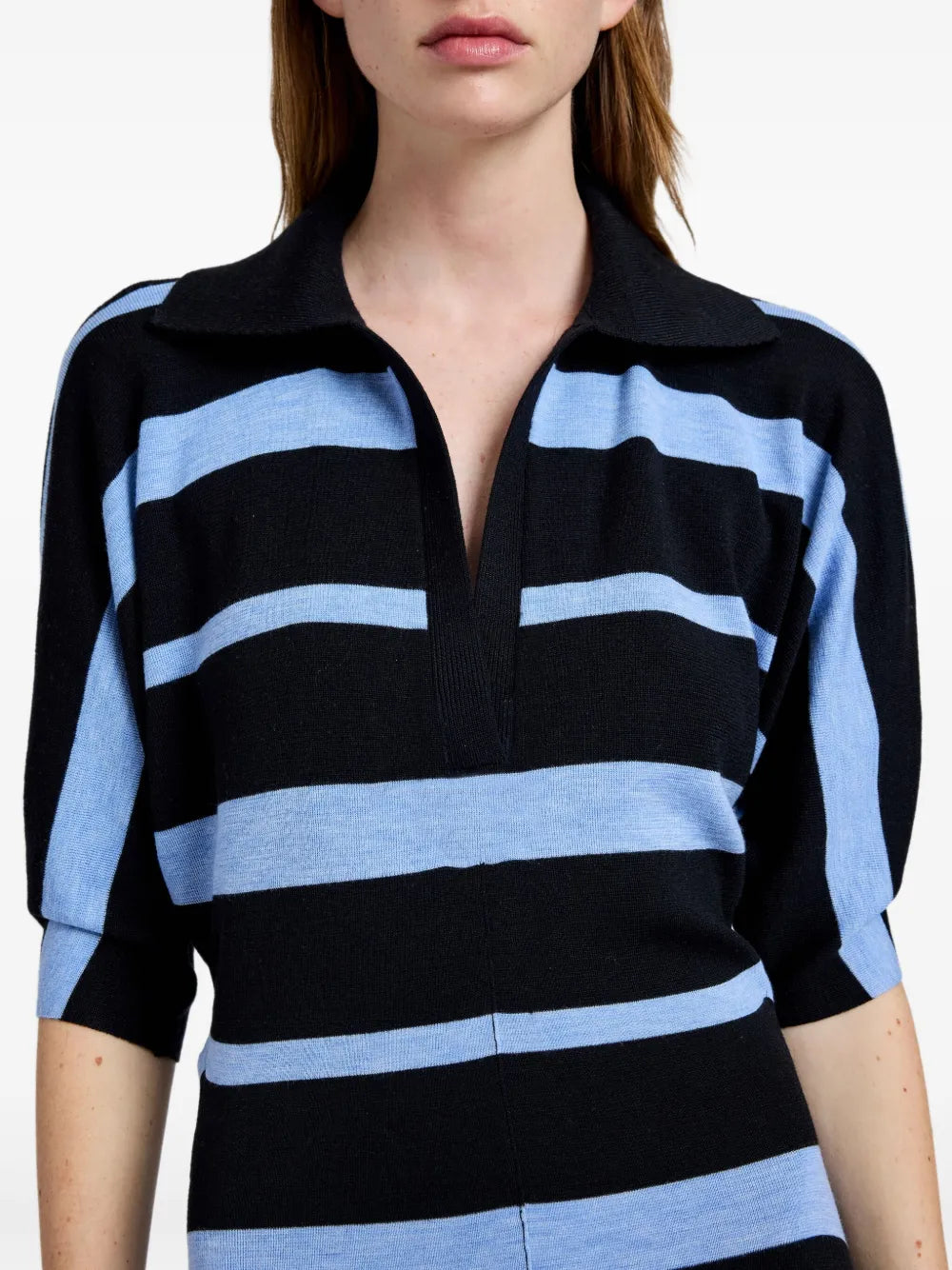 Detail shot of the fabric composition of the Solana Dress in Black Multi, made from 71% wool and 29% silk by Proenza Schouler.