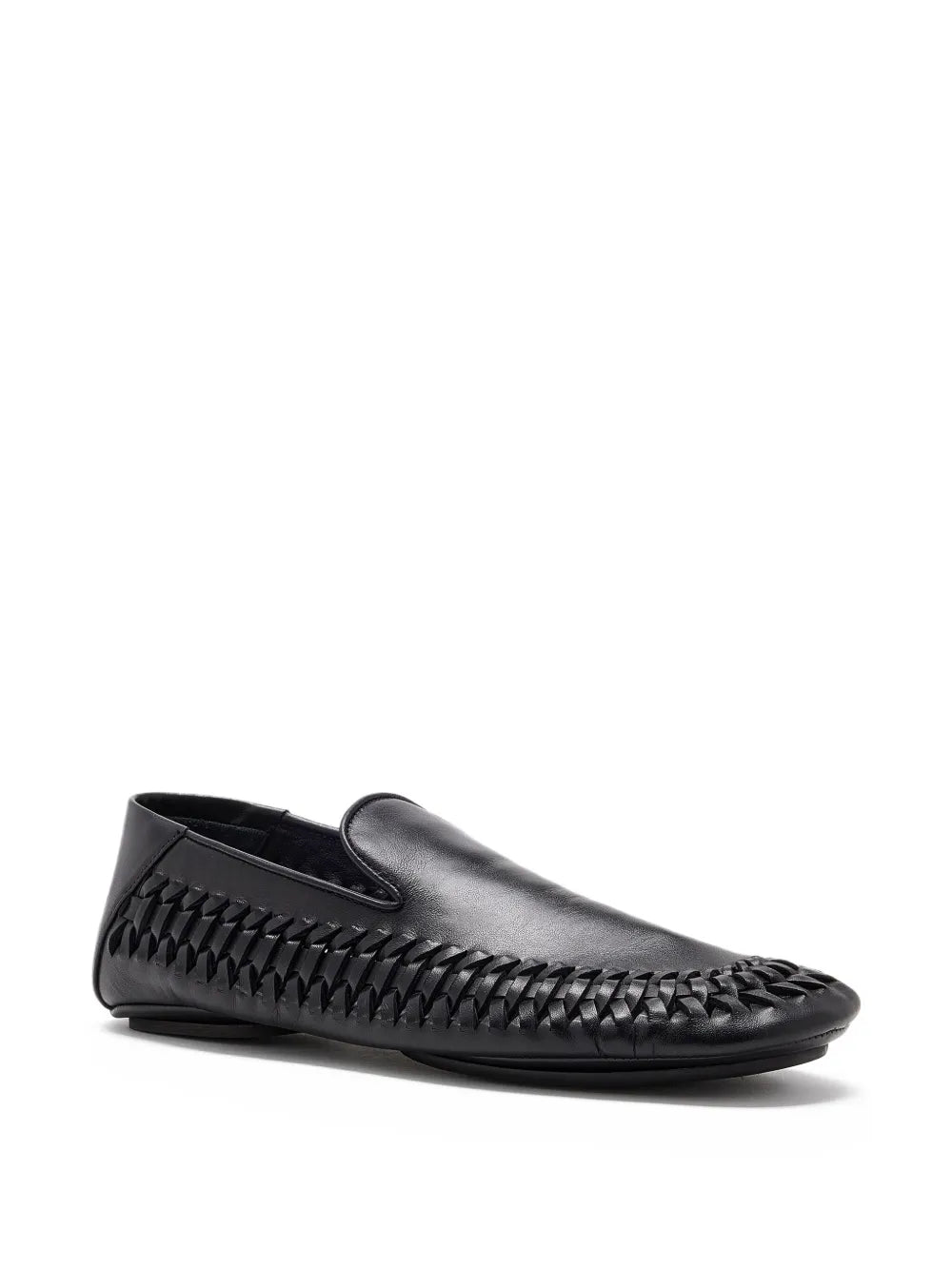 Close-up of Proenza Schouler Whip Loafers in Black featuring the rounded tongue and monogram-embossed rubber sole.