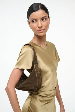 Stylish Demy Shoulder Bag in Truffle with suede body and signature hardware, ideal for versatile fashion.