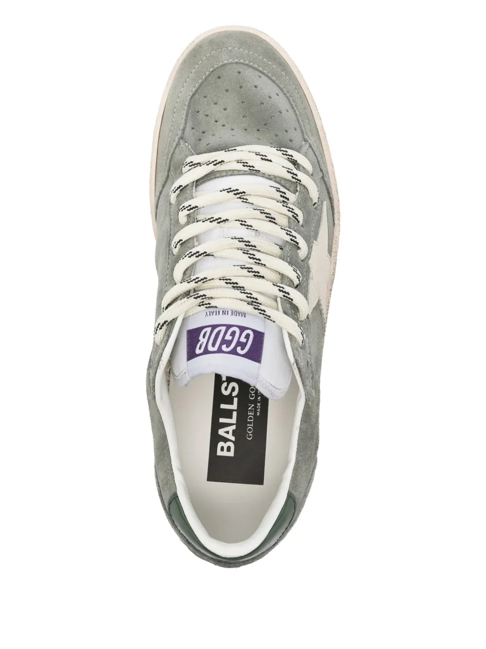 Full product shot of Golden Goose Ball Star sneakers in Green/Cream/Black designed for a trendy college vibe.