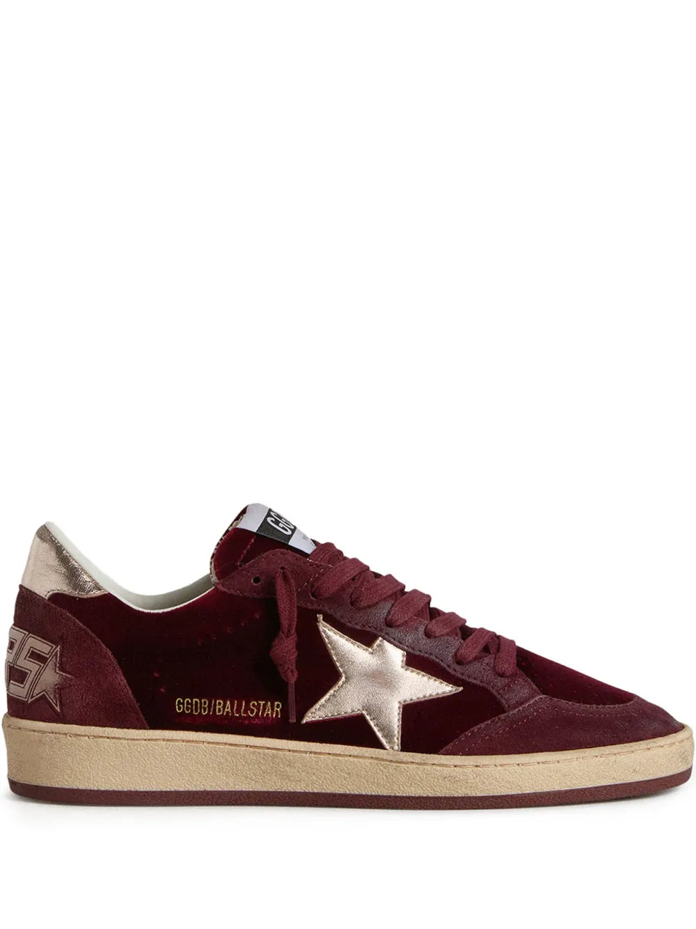 Golden Goose Ball Star in Burgundy Velvet sneaker with suede accents and a metallic star.