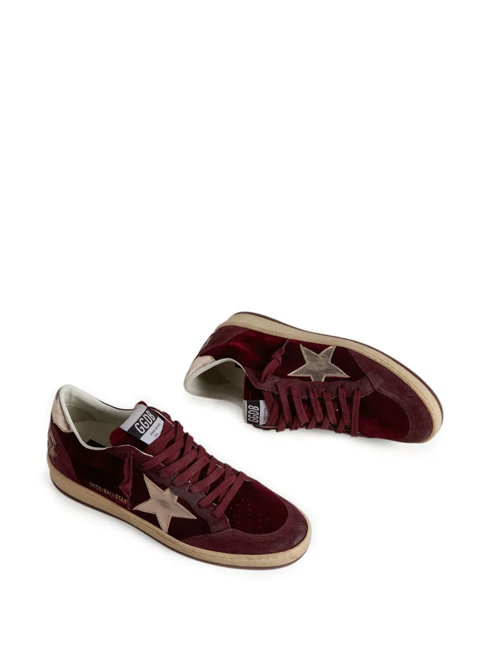 Stylish women's Burgundy Velvet Ball Star sneaker by Golden Goose featuring burgundy laces.