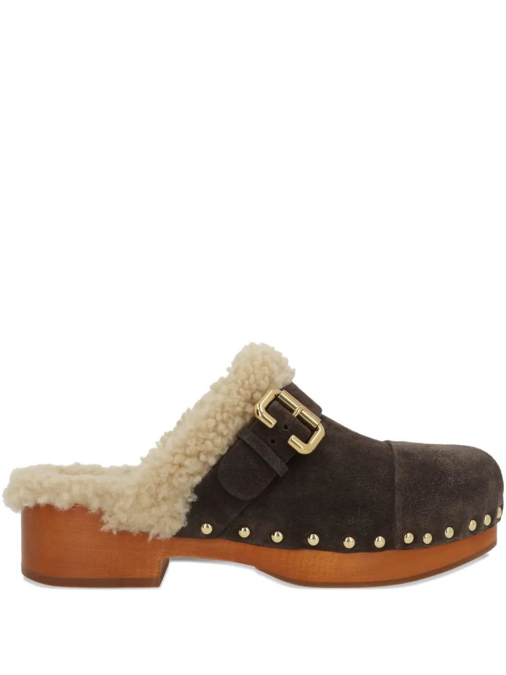 Jeanette Clog in Burnt Wood featuring a suede and shearling upper with a low wooden wedge platform by Chloé.