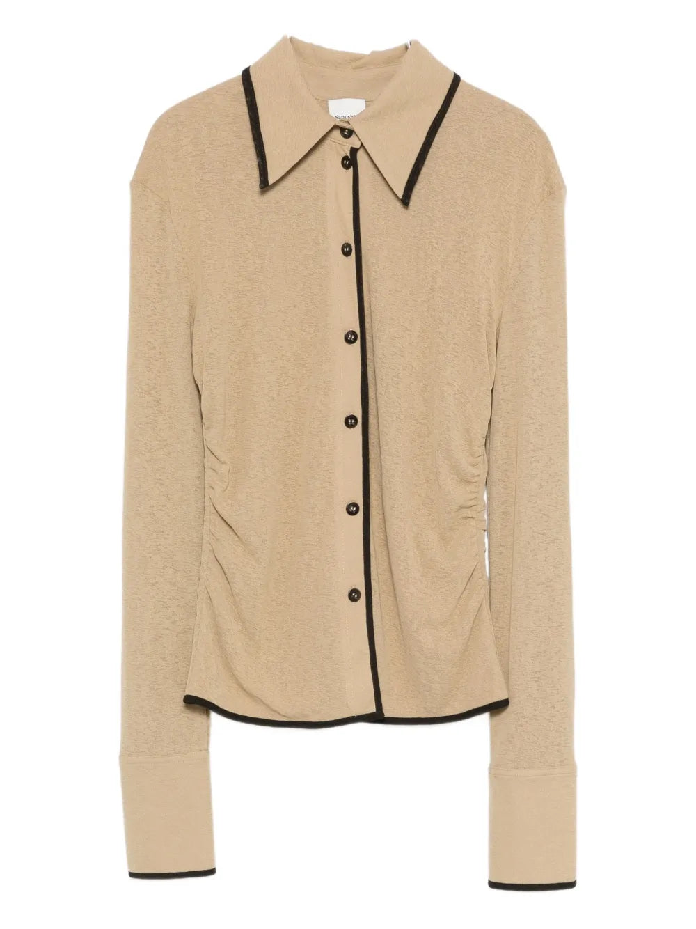 Nanushka Idana Shirt in Sand showcasing smooth, sculpting fit with anthracite binding.