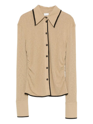 Nanushka Idana Shirt in Sand showcasing smooth, sculpting fit with anthracite binding.