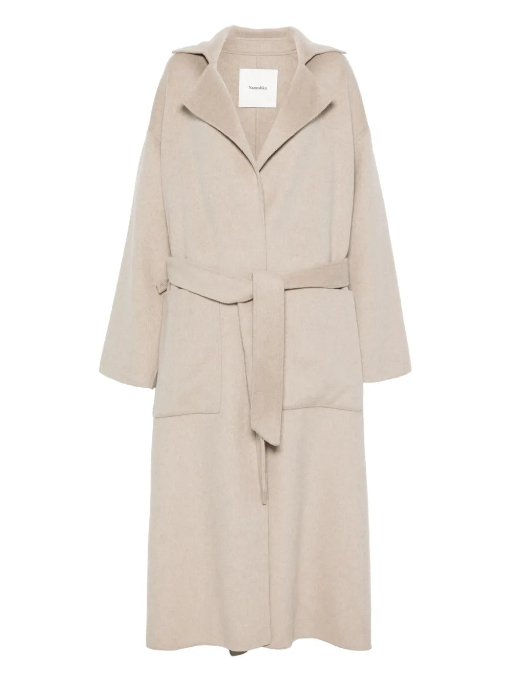 Salima Coat in Stone by Nanushka showcasing its soft double wool fabric and elegant self-tie belt.