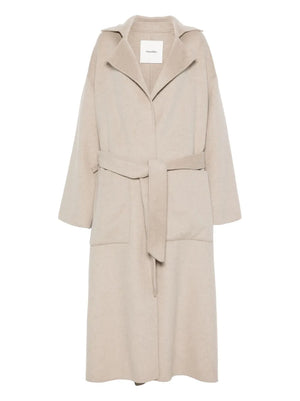 Salima Coat in Stone by Nanushka showcasing its soft double wool fabric and elegant self-tie belt.