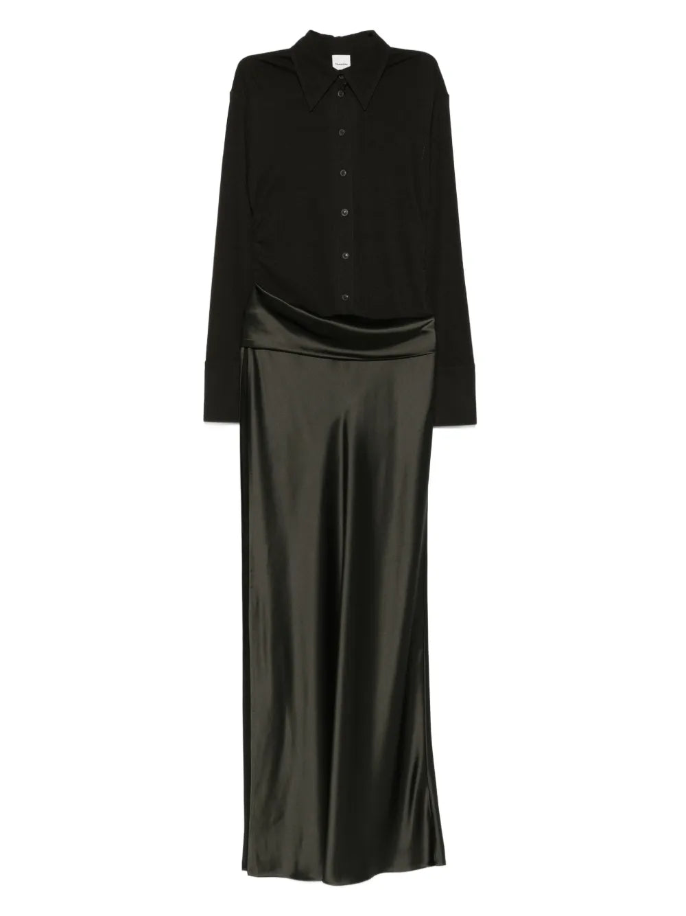 Scylla Dress in Dark Green showcasing the elegant fabric blocking design from Nanushka.