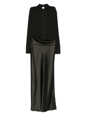 Scylla Dress in Dark Green showcasing the elegant fabric blocking design from Nanushka.