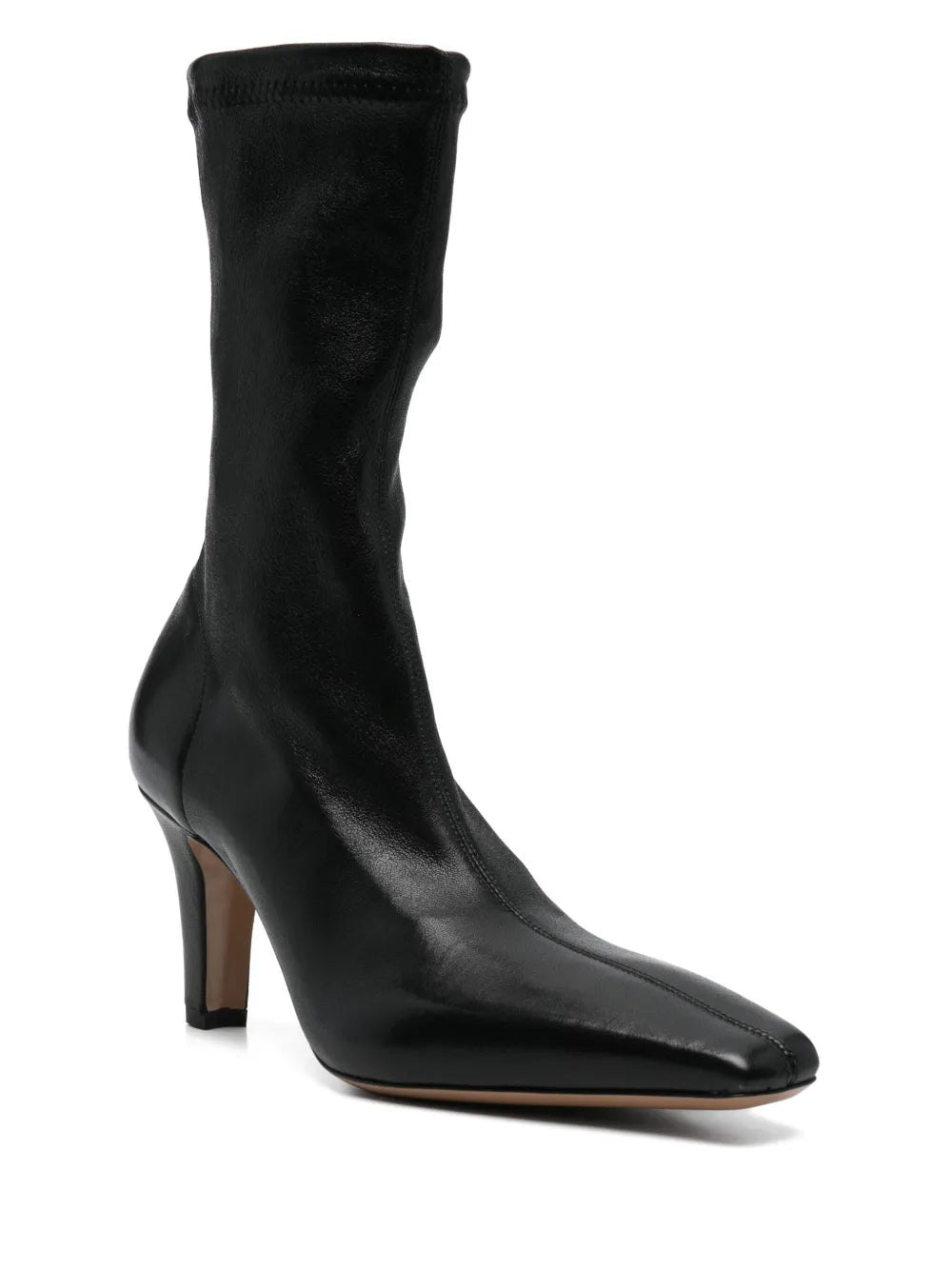 Close-up view of the Belle Boot in Black showcasing its stretchy fabric and chic silhouette.