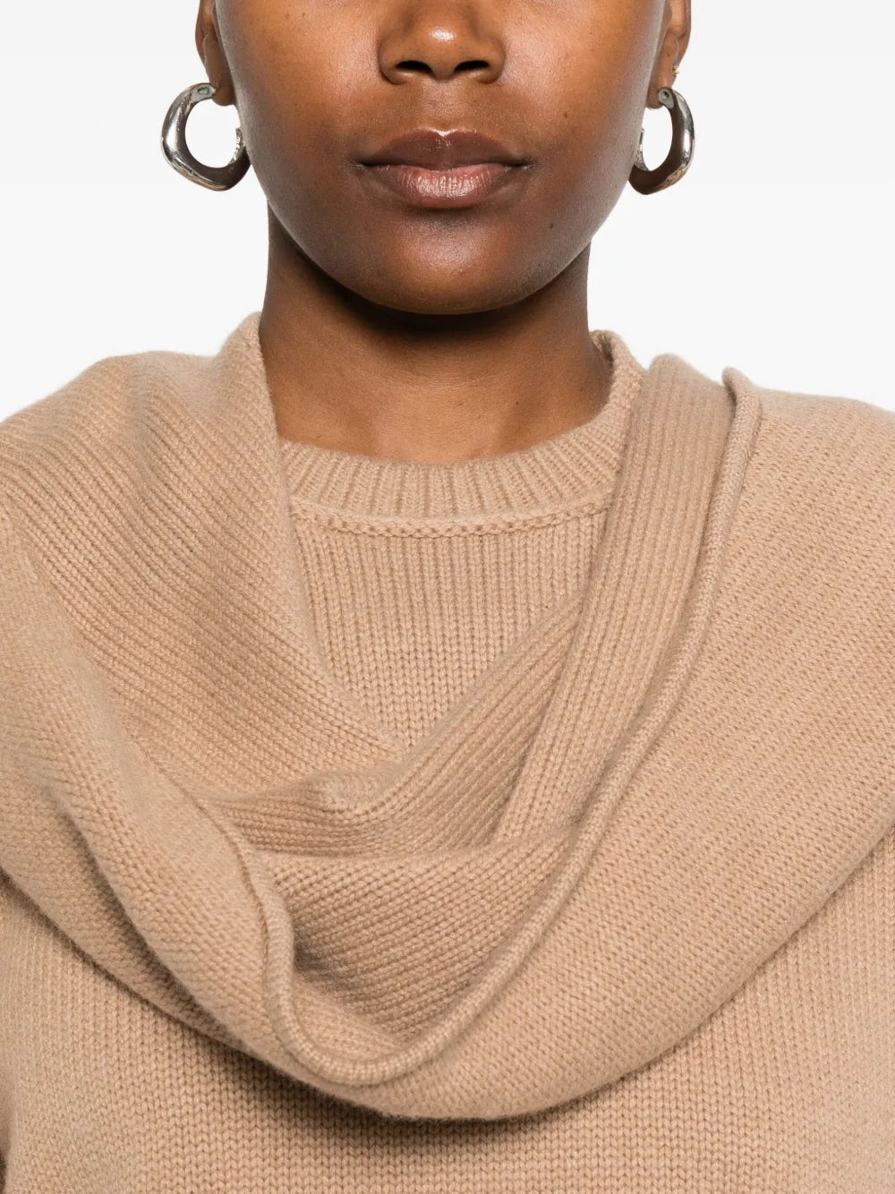 Elson Wool Cashmere Scarf Sweater in Camel - detailed view highlighting the 90% wool and 10% recycled cashmere composition.