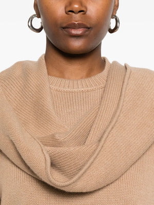 Elson Wool Cashmere Scarf Sweater in Camel - detailed view highlighting the 90% wool and 10% recycled cashmere composition.