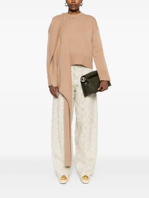 Elson Wool Cashmere Scarf Sweater in Camel - close-up of the soft wool cashmere blend fabric.