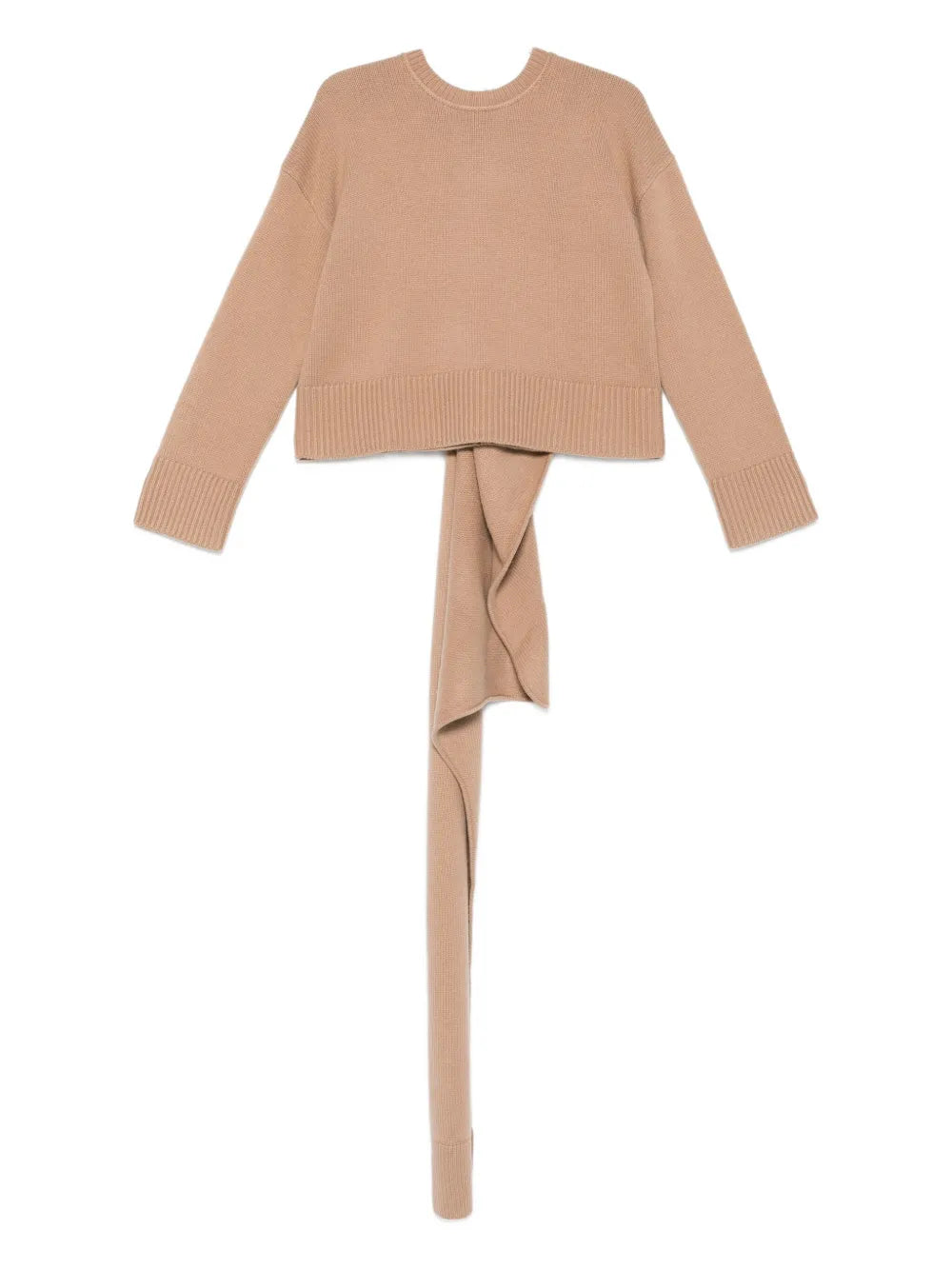 Elson Wool Cashmere Scarf Sweater in Camel - cropped design with long sleeves and a cozy wraparound scarf detail.