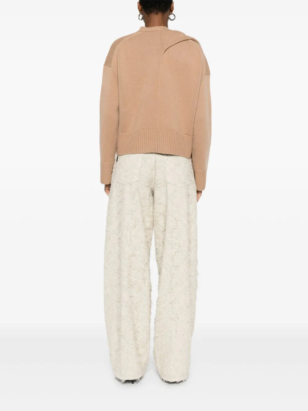 Elson Wool Cashmere Scarf Sweater in Camel - model wearing the sweater to illustrate its fashionable fit.