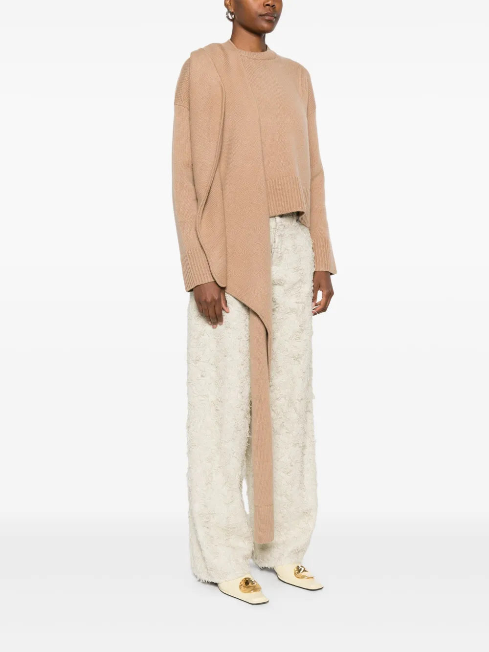 Elson Wool Cashmere Scarf Sweater in Camel - showcasing the stylish wide banded hems and unique scarf design.