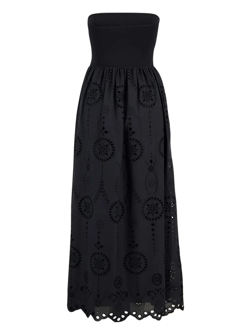 Stylish look of the Strapless Knit and Broderie Dress in Black perfect for vacations.