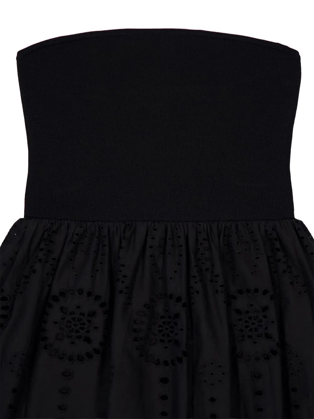 Elegant scalloped hem finish of the Strapless Knit and Broderie Dress in Black by Matteau.